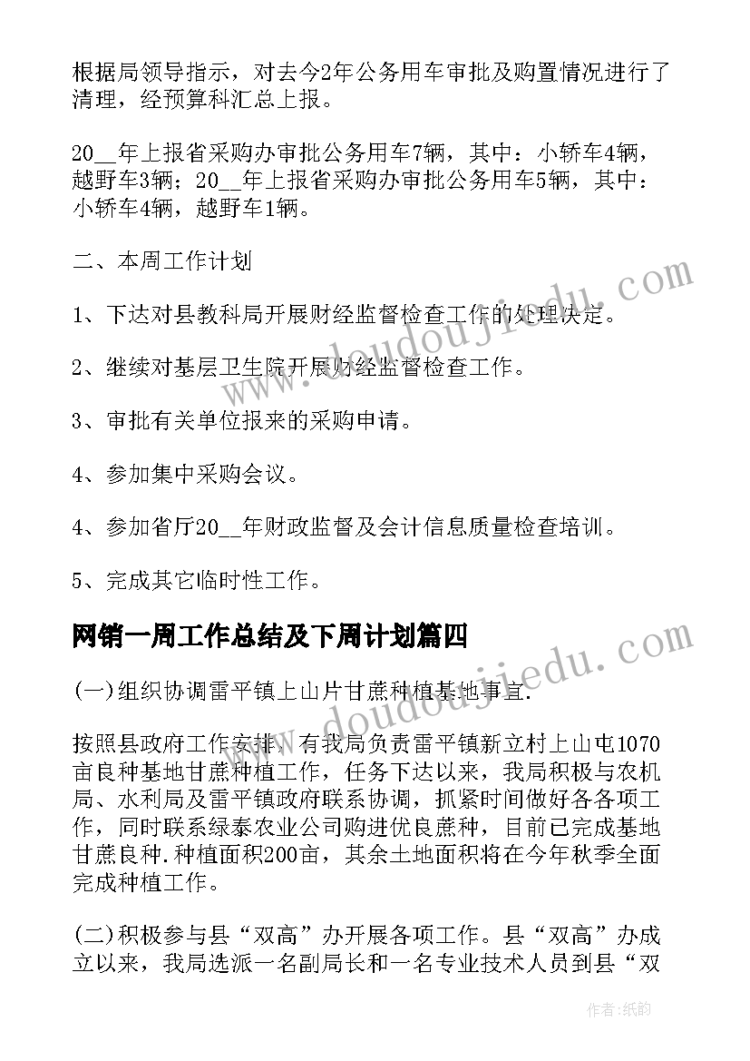 网销一周工作总结及下周计划(优秀5篇)