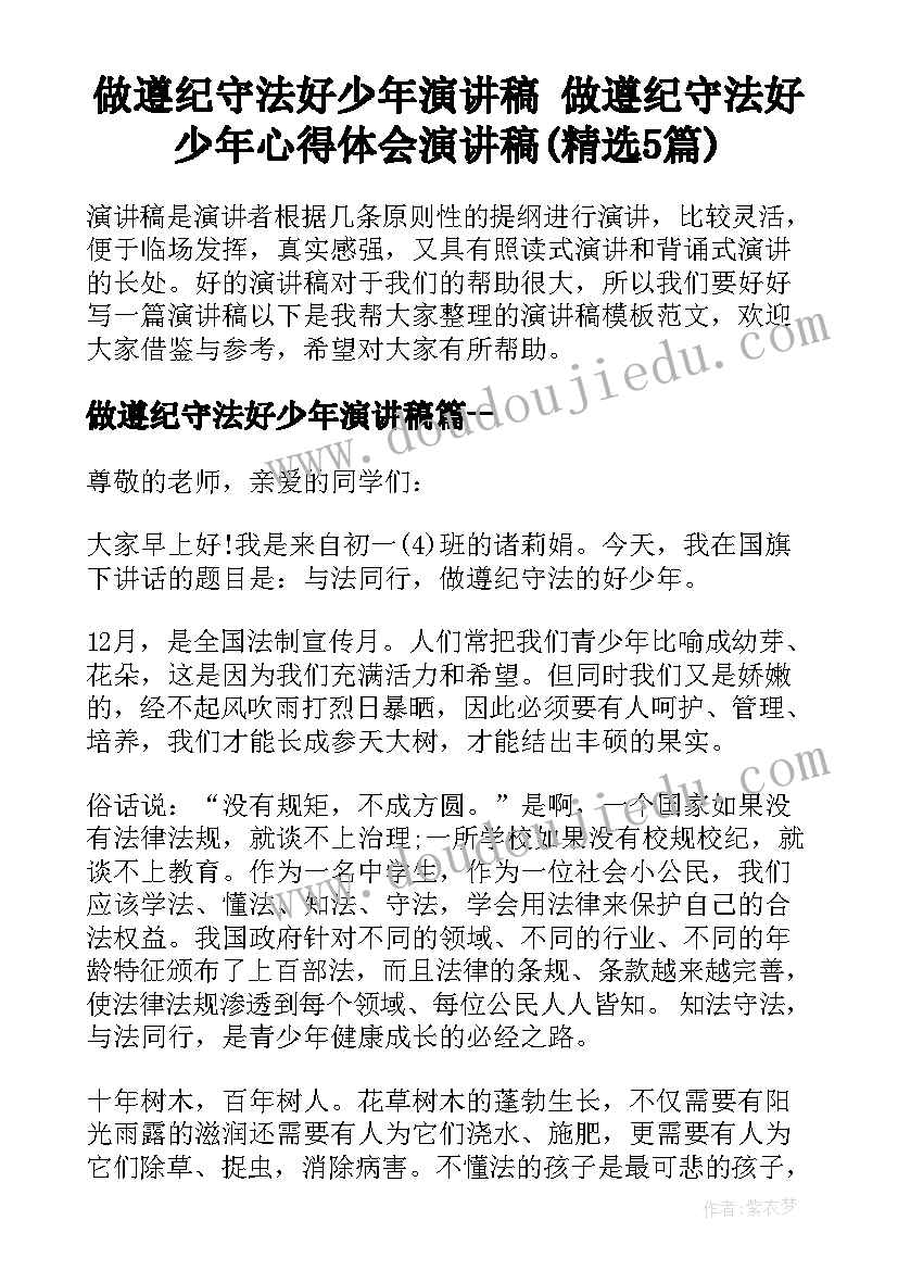 做遵纪守法好少年演讲稿 做遵纪守法好少年心得体会演讲稿(精选5篇)