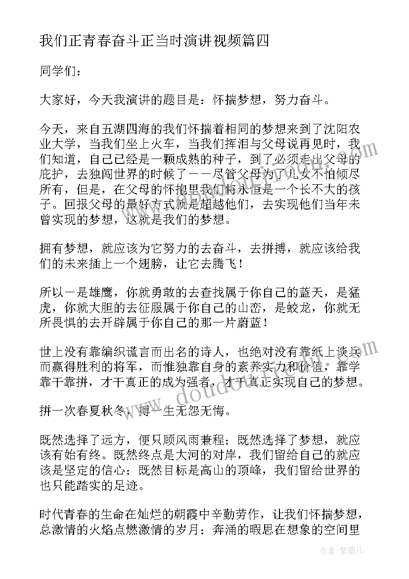 我们正青春奋斗正当时演讲视频(汇总5篇)