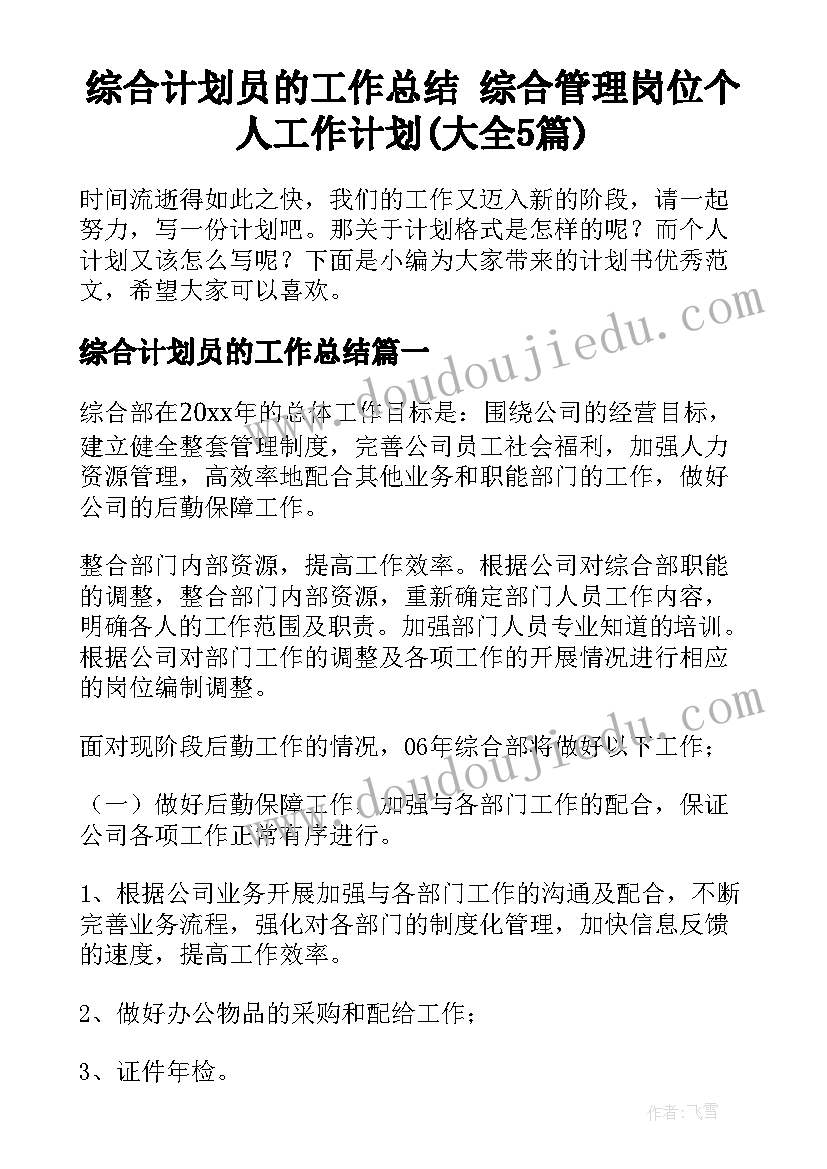 综合计划员的工作总结 综合管理岗位个人工作计划(大全5篇)