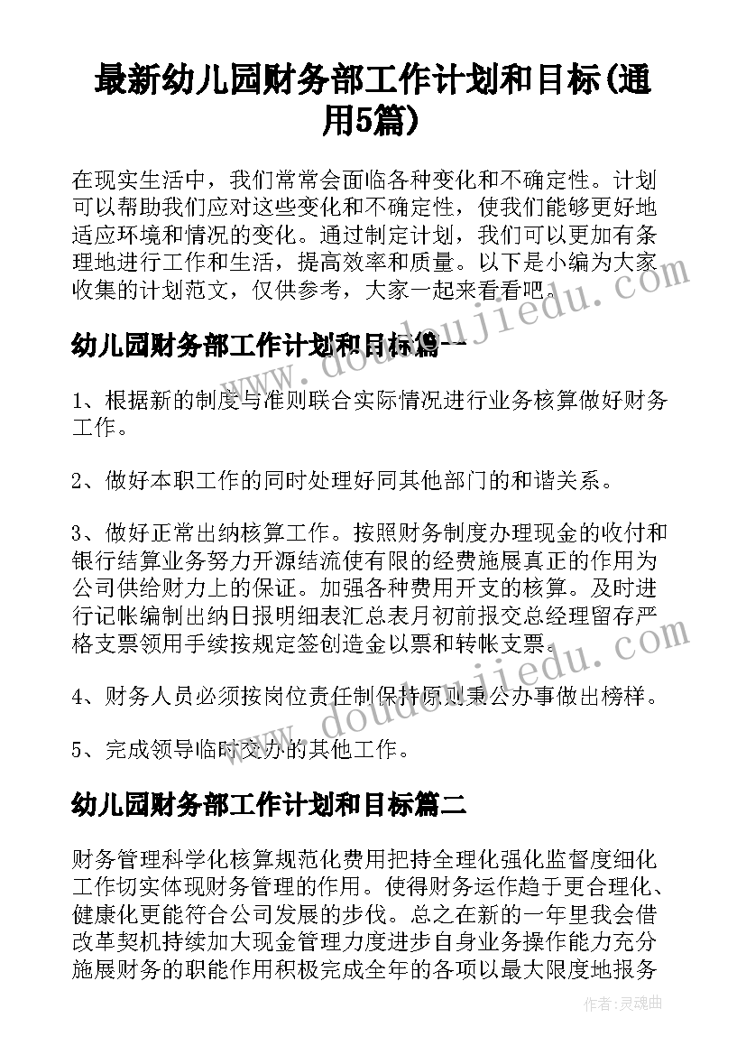 最新幼儿园财务部工作计划和目标(通用5篇)