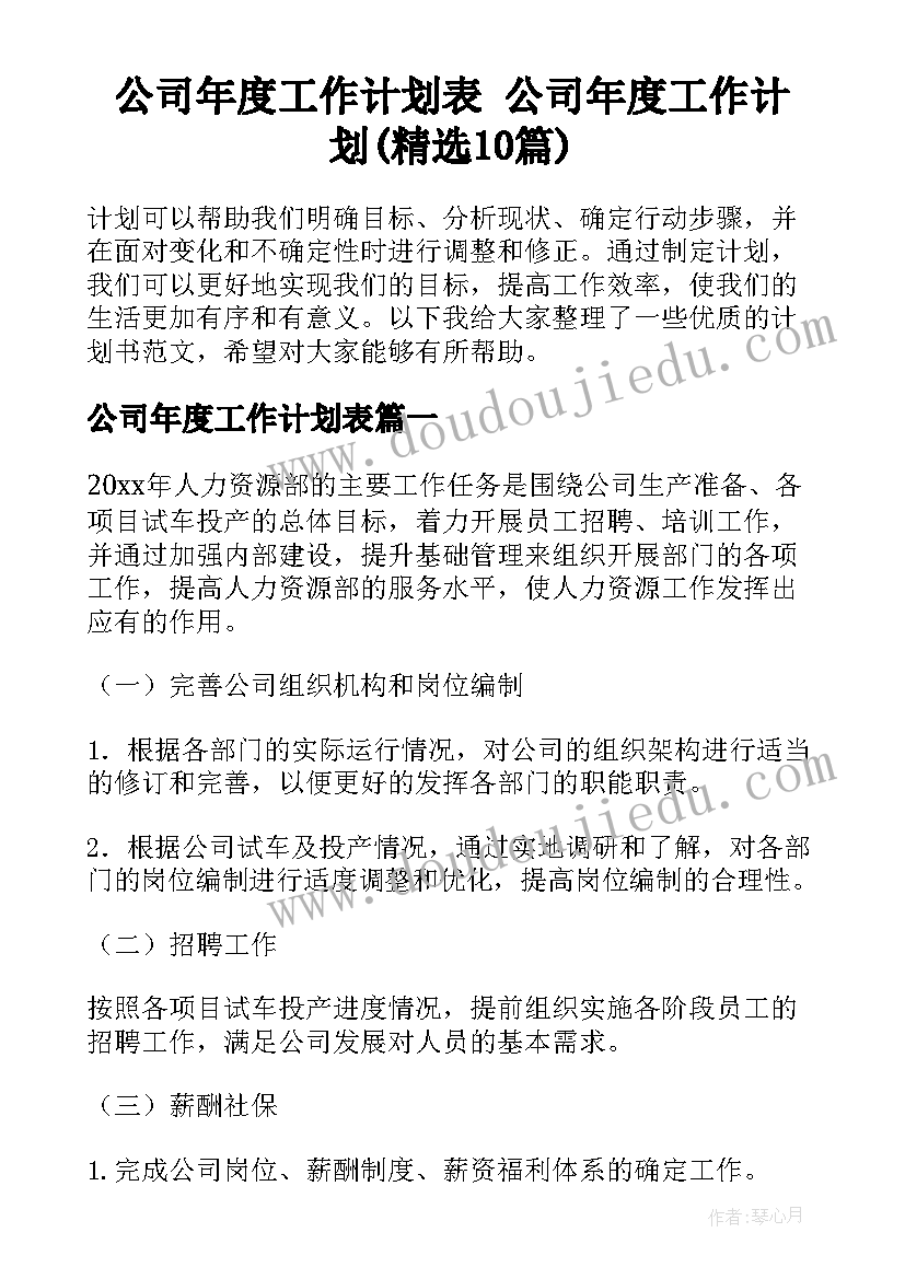 公司年度工作计划表 公司年度工作计划(精选10篇)