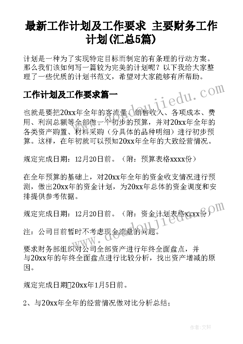 最新工作计划及工作要求 主要财务工作计划(汇总5篇)