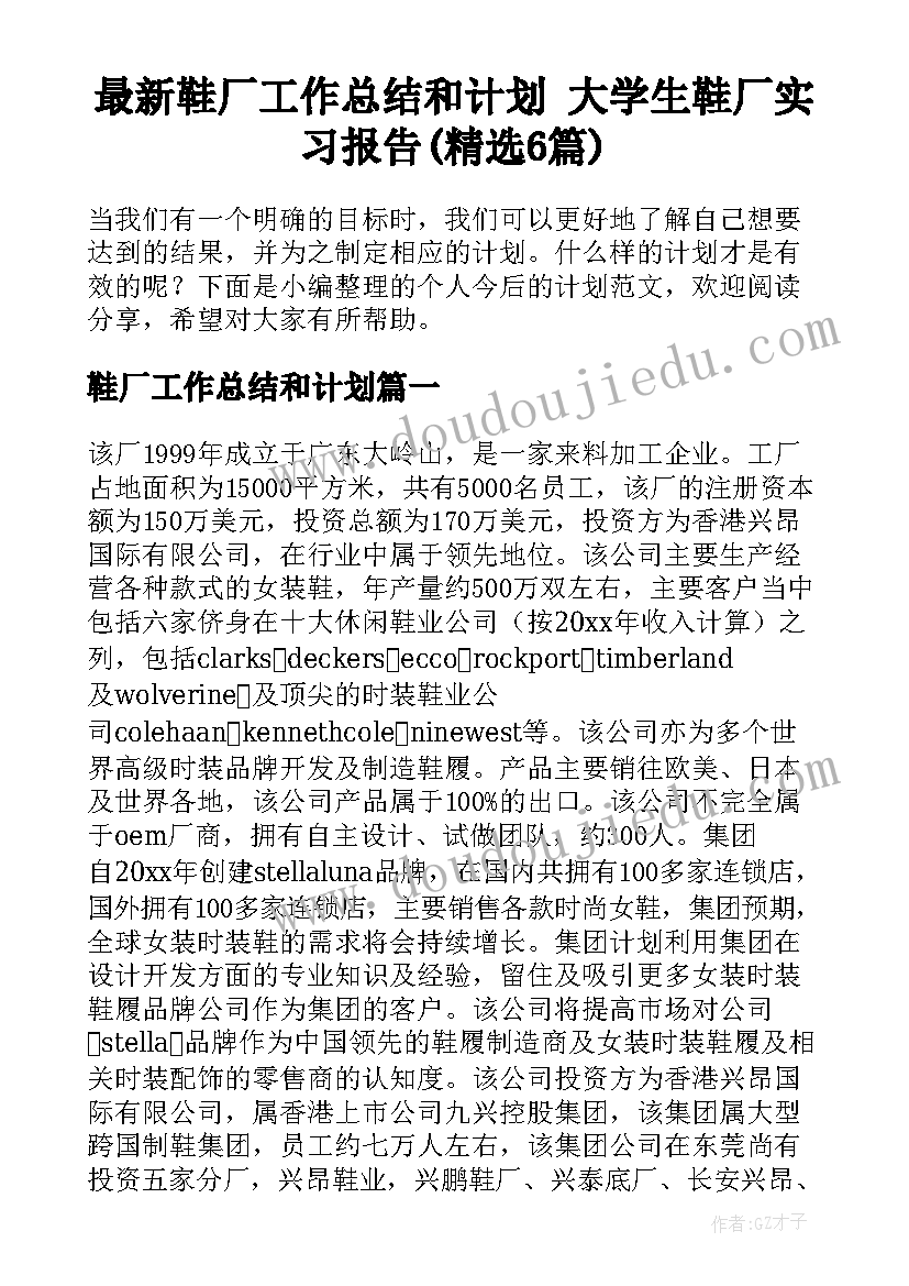 最新鞋厂工作总结和计划 大学生鞋厂实习报告(精选6篇)