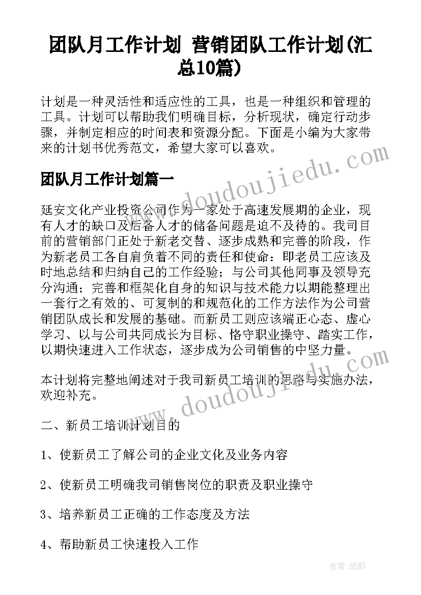 团队月工作计划 营销团队工作计划(汇总10篇)