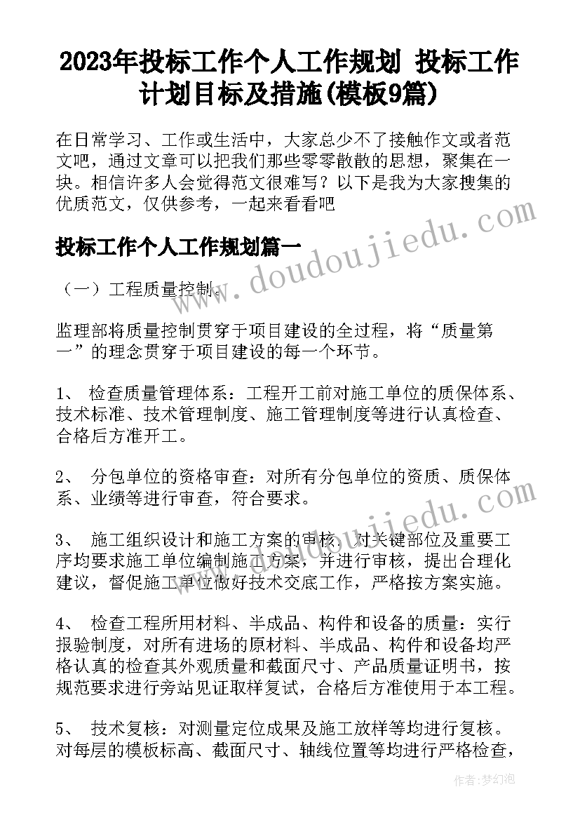 2023年投标工作个人工作规划 投标工作计划目标及措施(模板9篇)