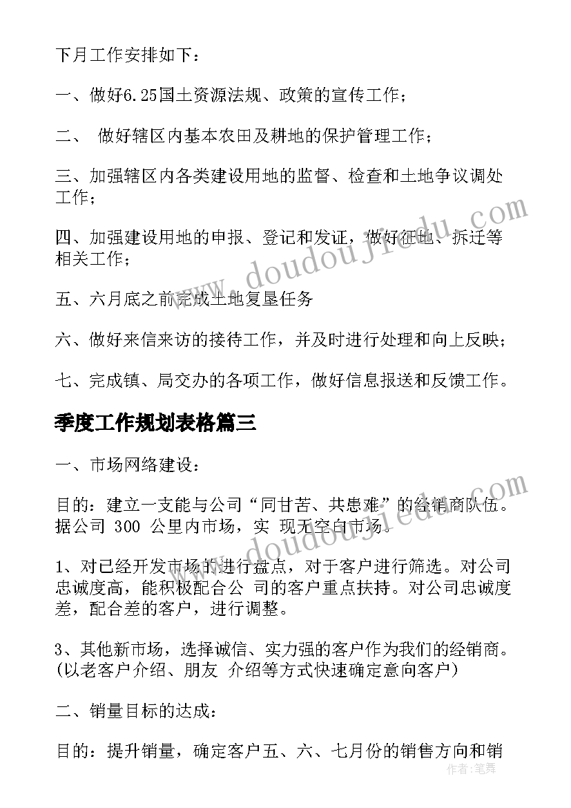 2023年季度工作规划表格 季度工作计划(精选9篇)