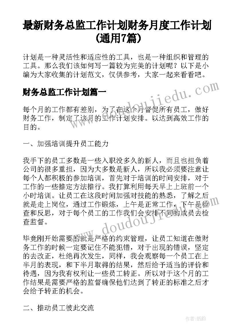 最新财务总监工作计划 财务月度工作计划(通用7篇)