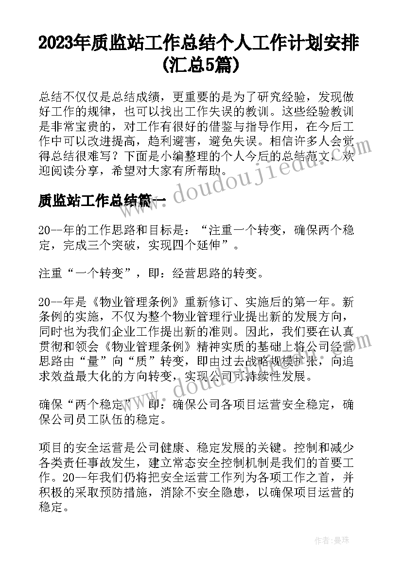 2023年质监站工作总结 个人工作计划安排(汇总5篇)