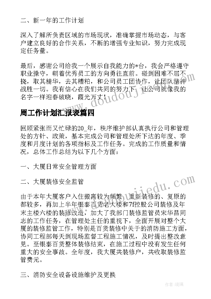 最新周工作计划汇报表(实用5篇)