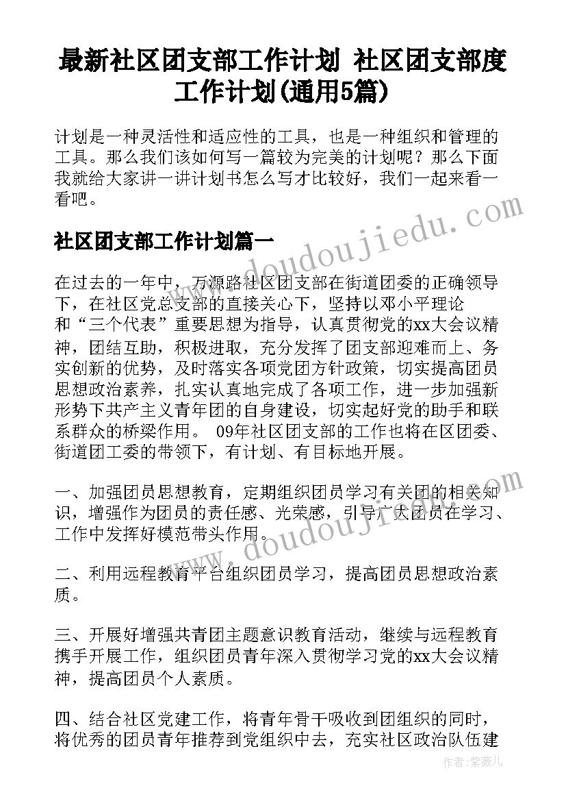 最新社区团支部工作计划 社区团支部度工作计划(通用5篇)