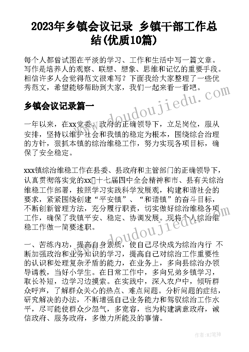 2023年乡镇会议记录 乡镇干部工作总结(优质10篇)