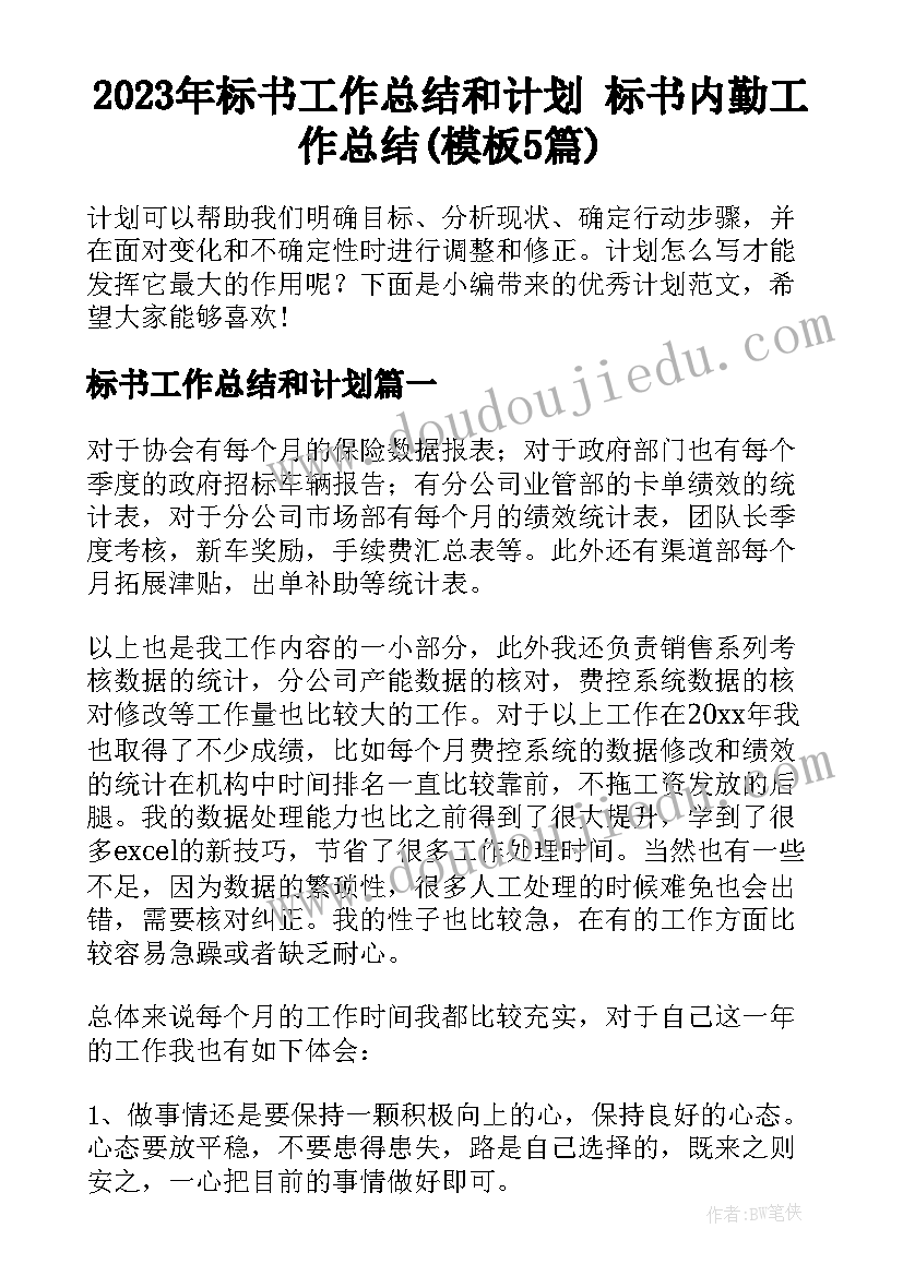 2023年标书工作总结和计划 标书内勤工作总结(模板5篇)