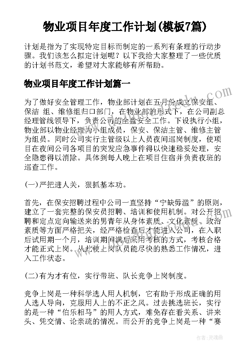 物业项目年度工作计划(模板7篇)