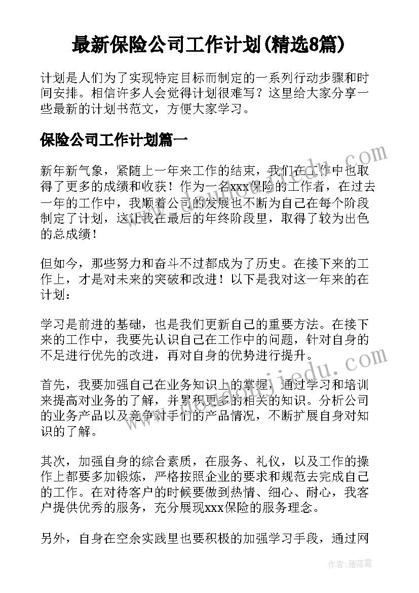 最新保险公司工作计划(精选8篇)