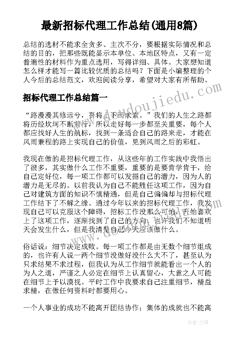 最新招标代理工作总结(通用8篇)