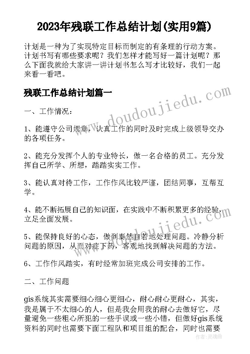 2023年残联工作总结计划(实用9篇)