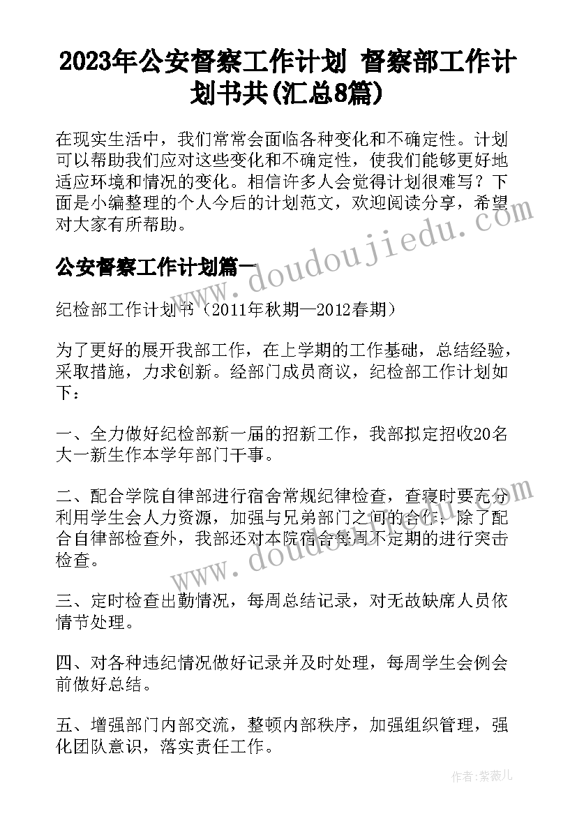 2023年公安督察工作计划 督察部工作计划书共(汇总8篇)