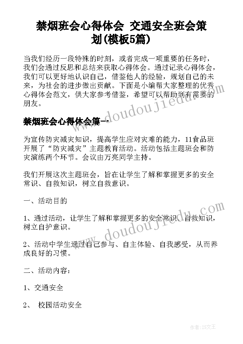 禁烟班会心得体会 交通安全班会策划(模板5篇)