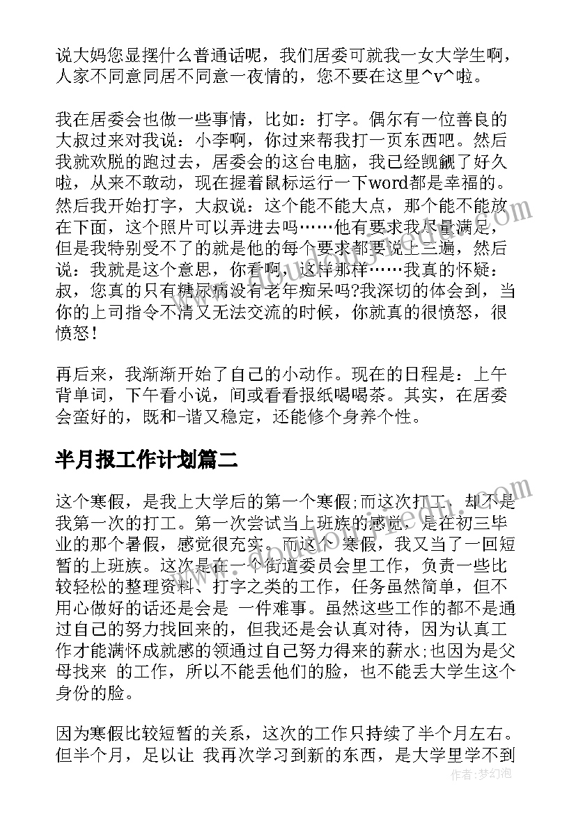 半月报工作计划(精选5篇)