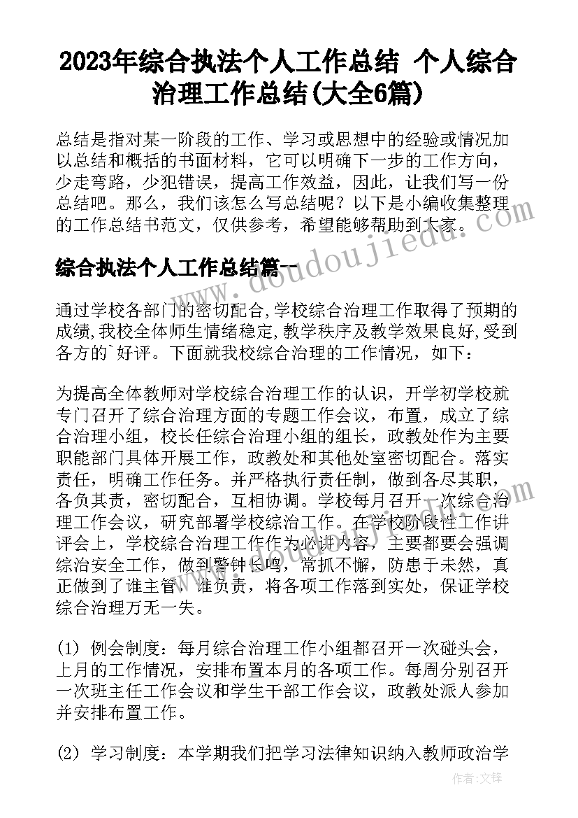 2023年综合执法个人工作总结 个人综合治理工作总结(大全6篇)