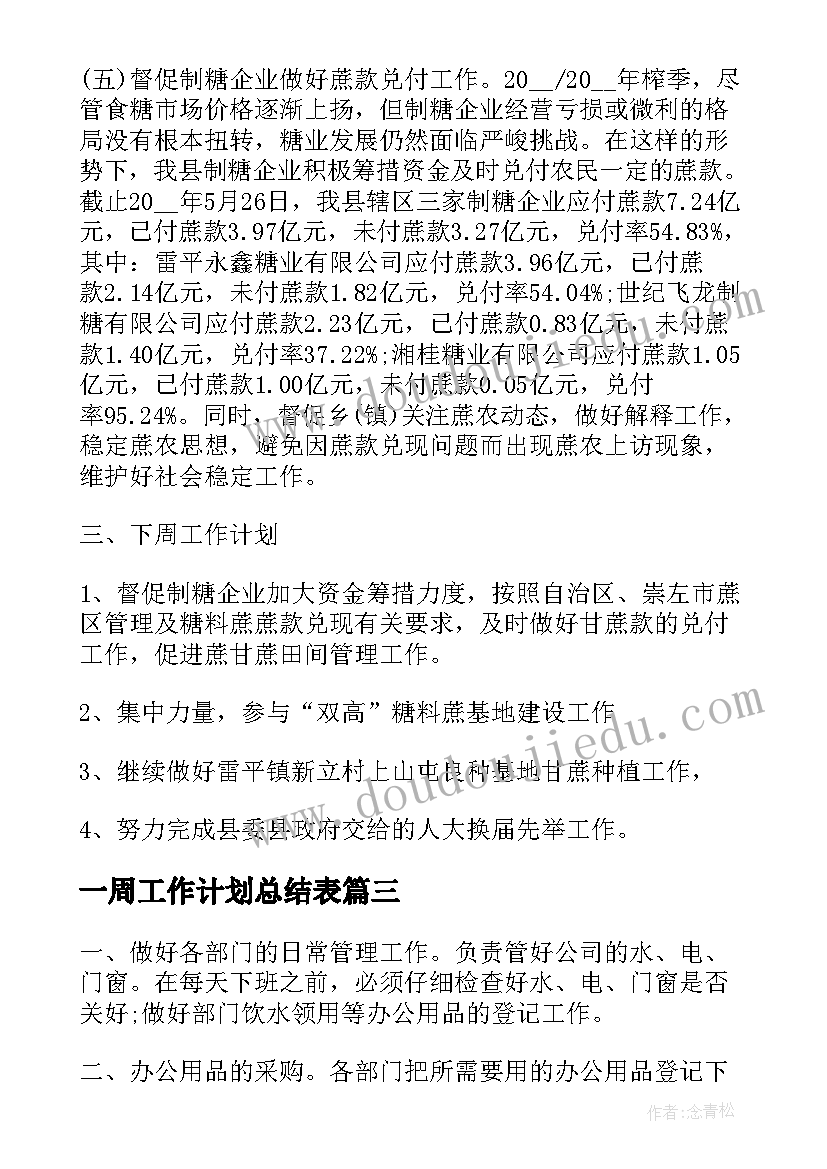 最新一周工作计划总结表 一周的工作总结和计划(汇总7篇)