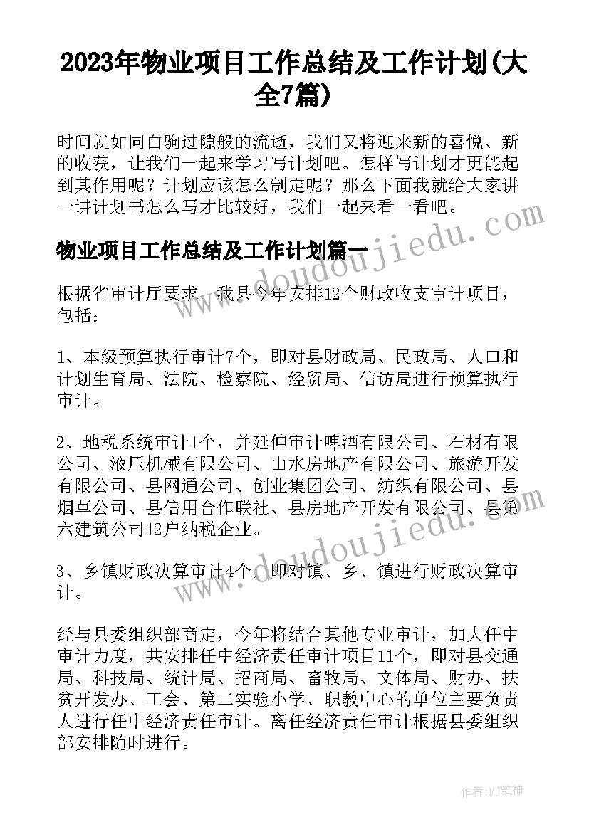 2023年物业项目工作总结及工作计划(大全7篇)