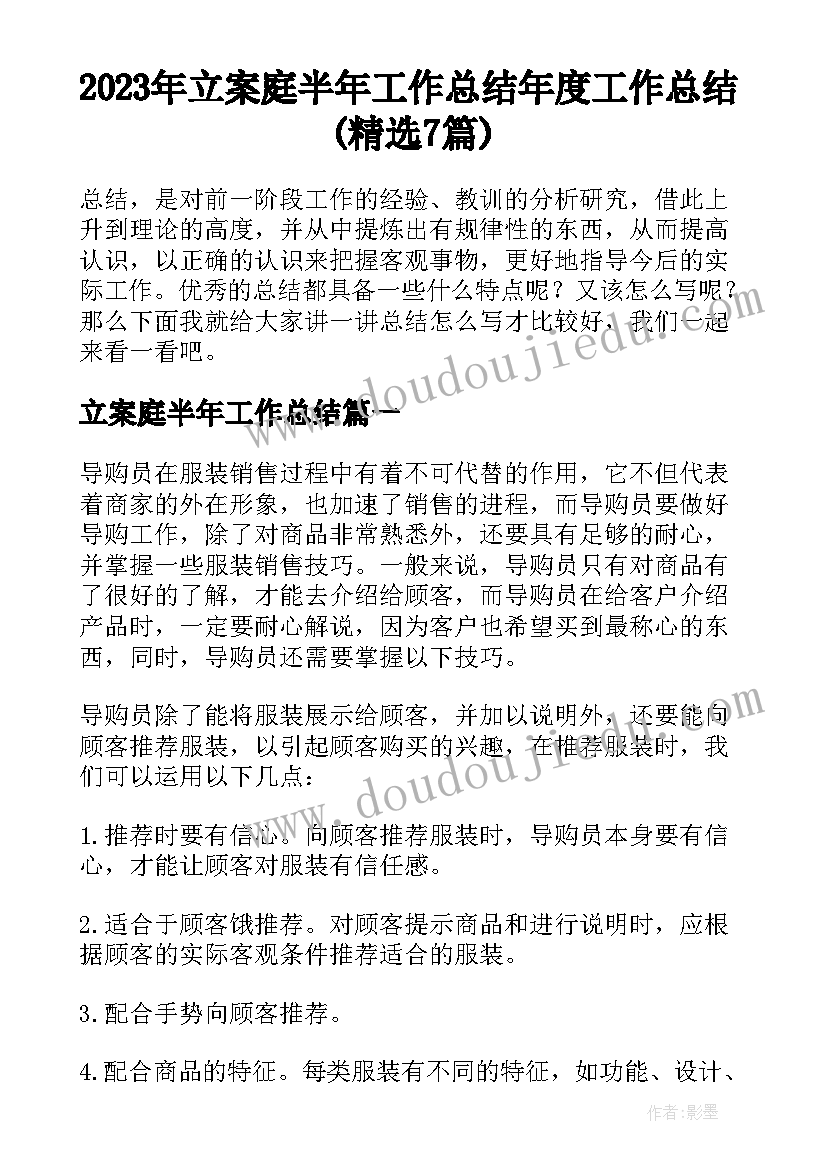 2023年立案庭半年工作总结 年度工作总结(精选7篇)