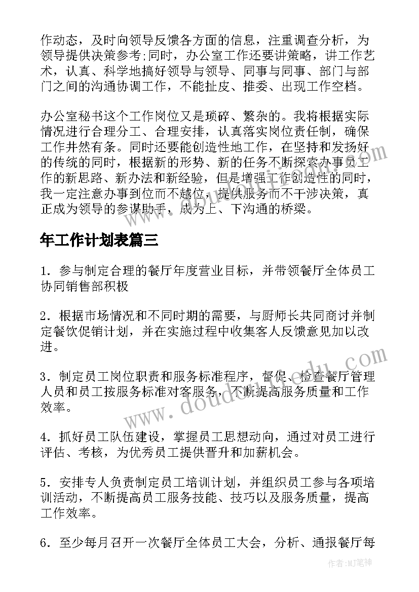 年工作计划表(汇总7篇)