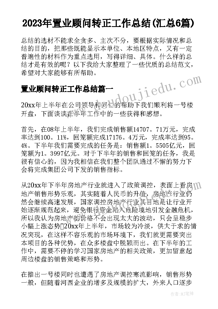 2023年置业顾问转正工作总结(汇总6篇)