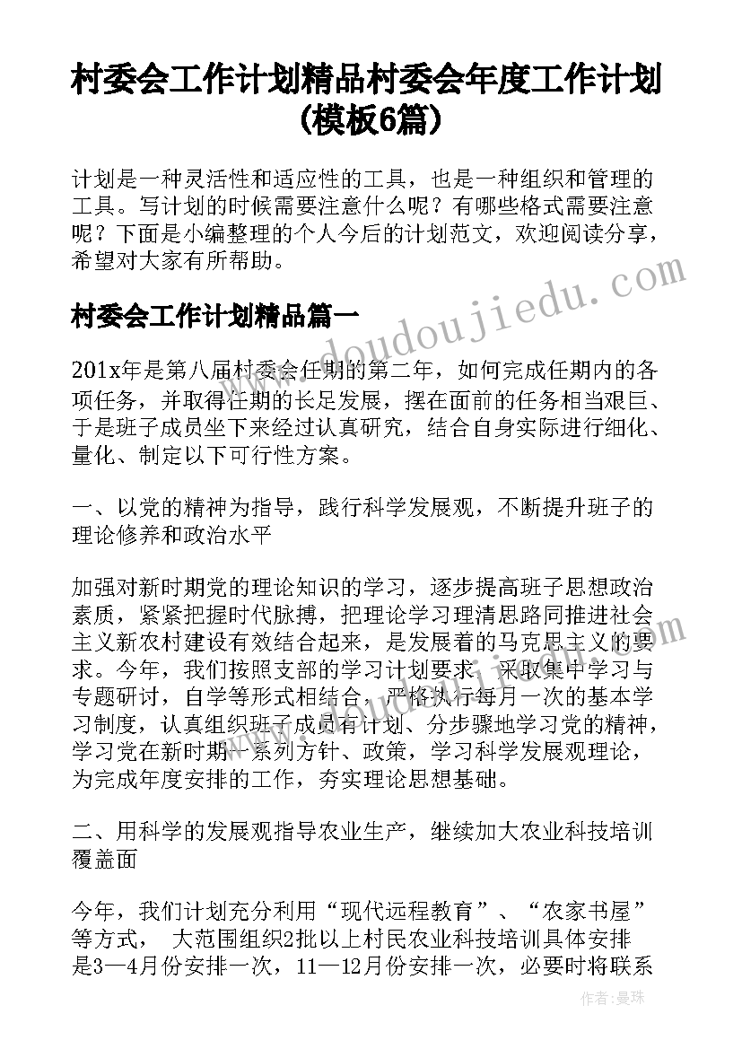 村委会工作计划精品 村委会年度工作计划(模板6篇)