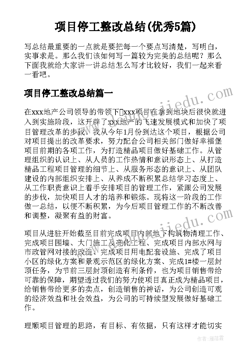 项目停工整改总结(优秀5篇)