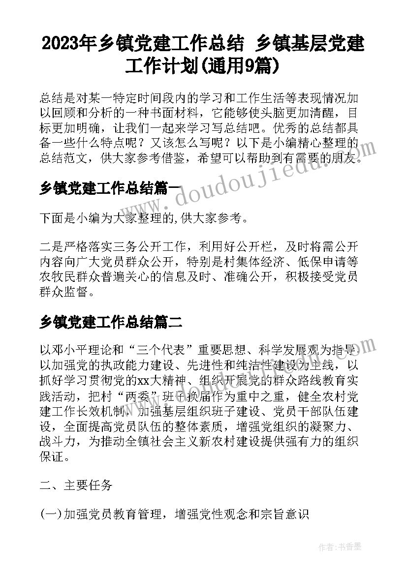 2023年乡镇党建工作总结 乡镇基层党建工作计划(通用9篇)