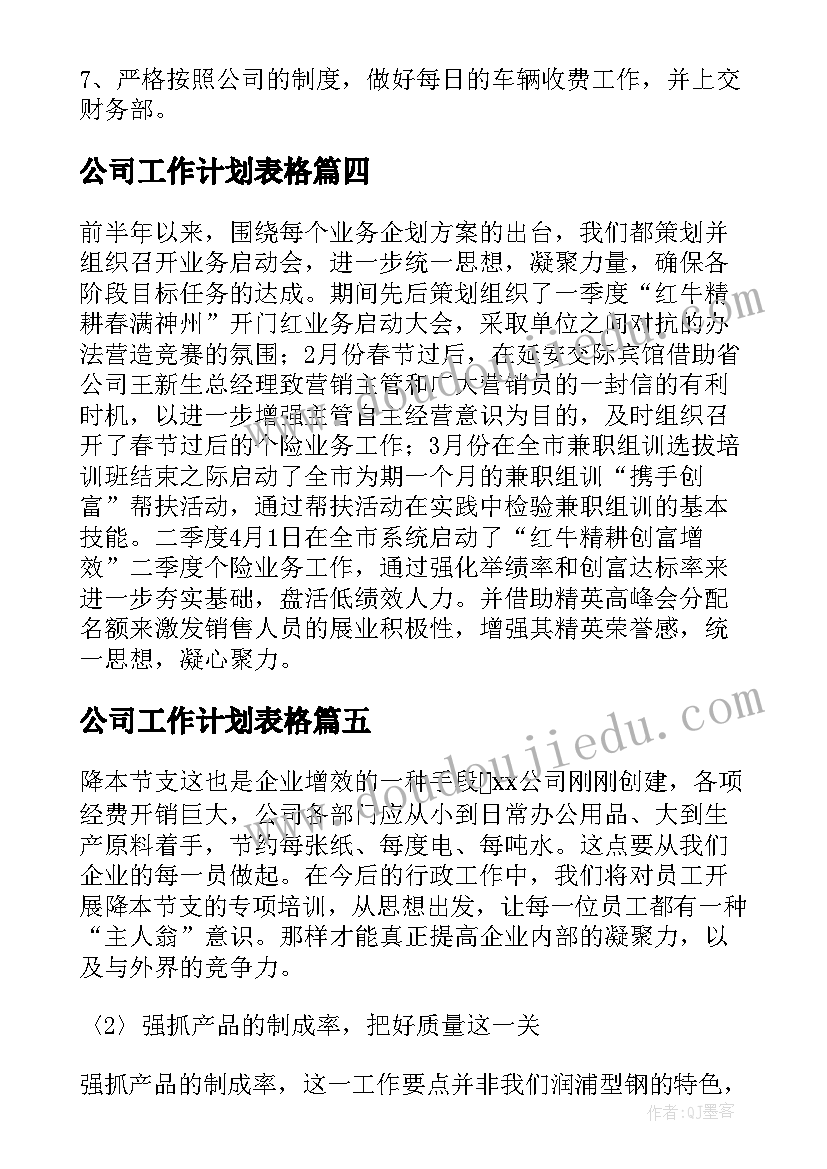 最新公司工作计划表格(模板8篇)