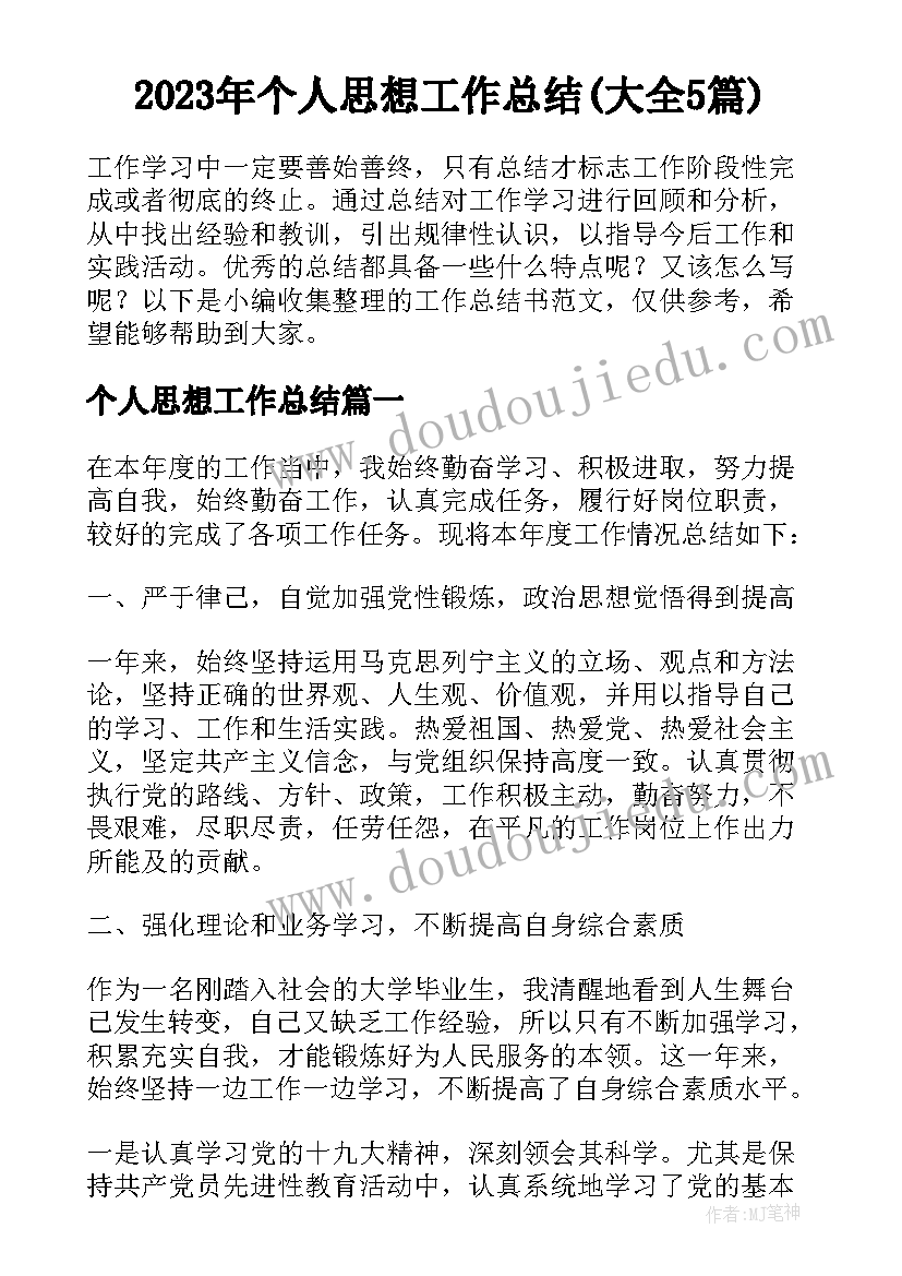 2023年个人思想工作总结(大全5篇)