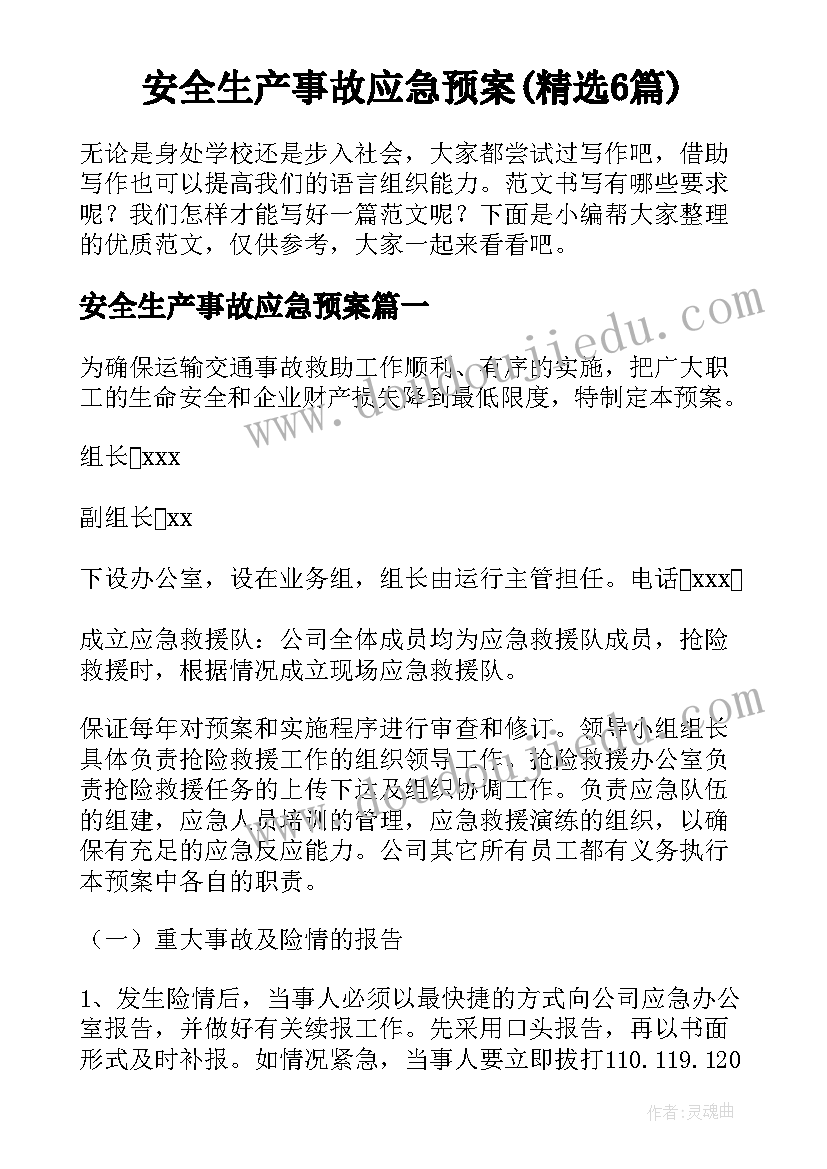 安全生产事故应急预案(精选6篇)