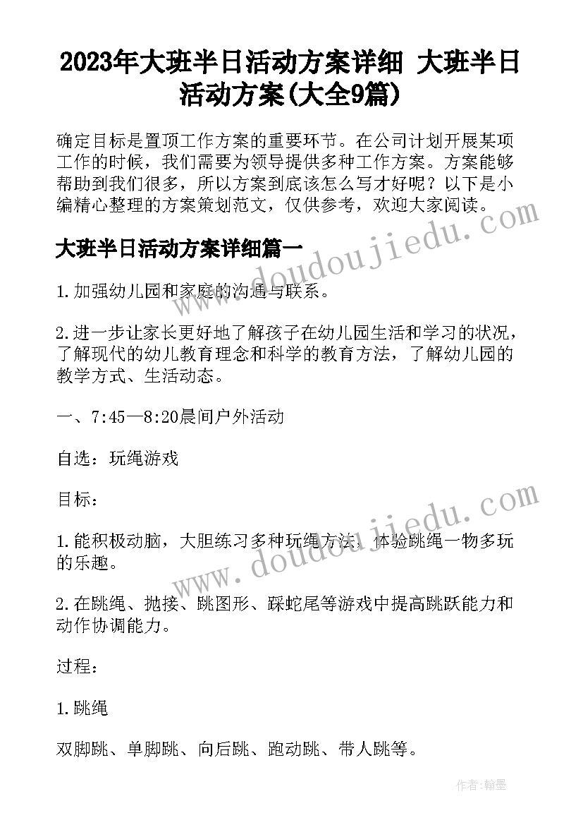 2023年大班半日活动方案详细 大班半日活动方案(大全9篇)