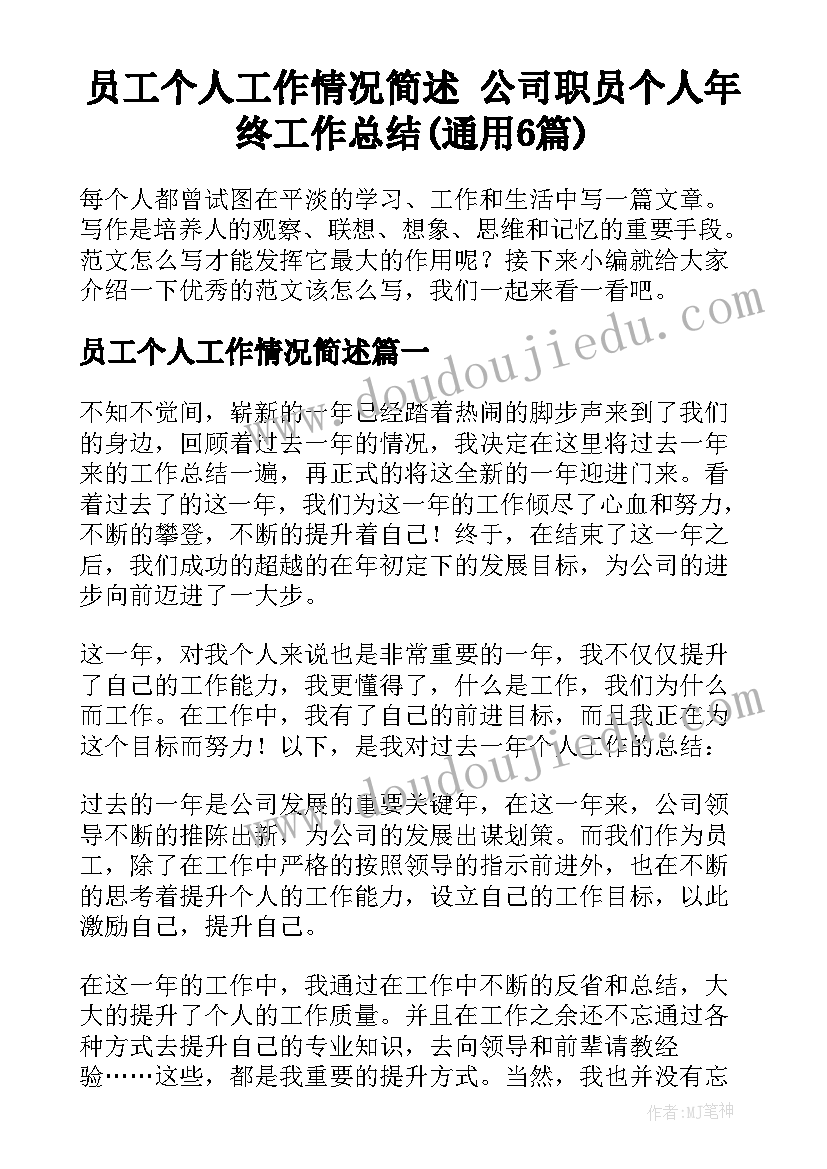 员工个人工作情况简述 公司职员个人年终工作总结(通用6篇)