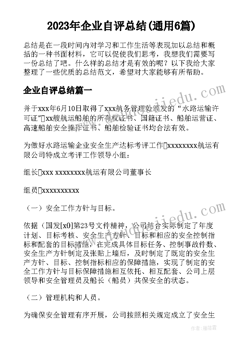 2023年企业自评总结(通用6篇)