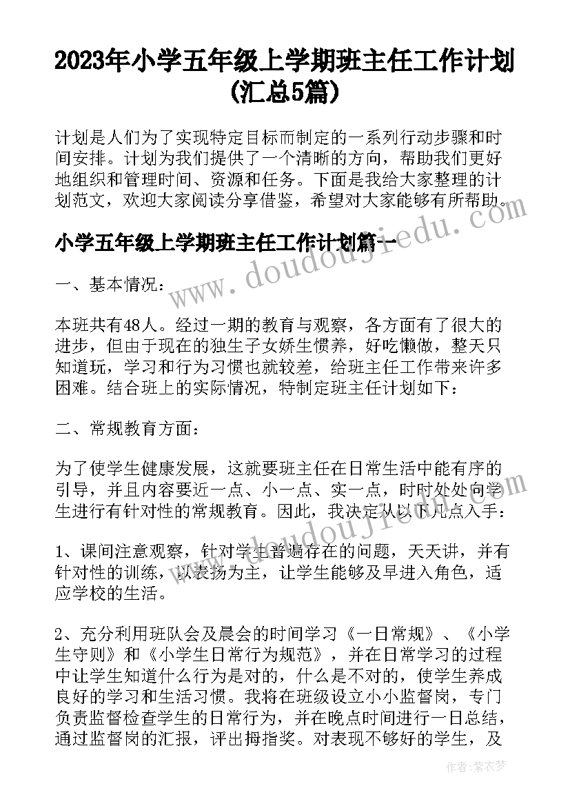 2023年小学五年级上学期班主任工作计划(汇总5篇)