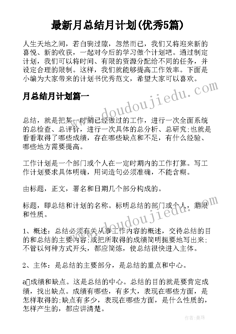 最新月总结月计划(优秀5篇)