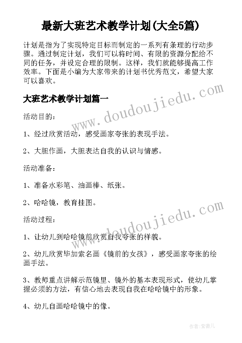 最新大班艺术教学计划(大全5篇)