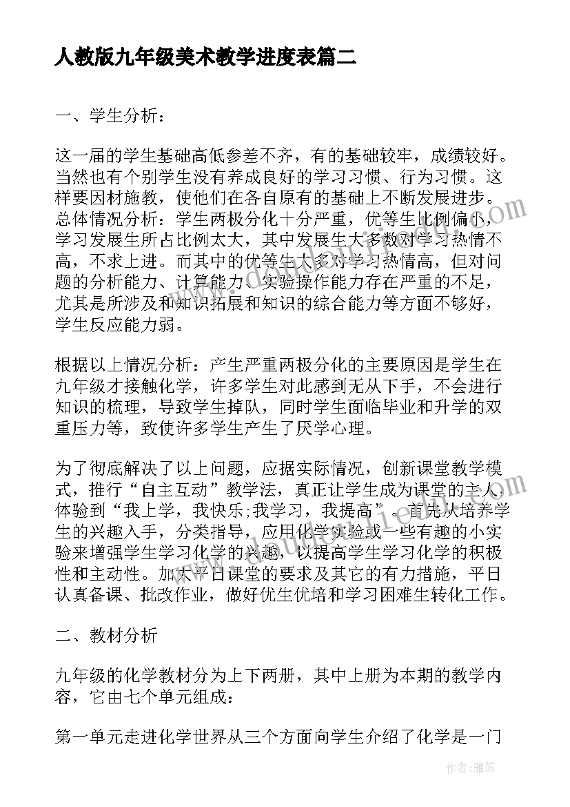 最新人教版九年级美术教学进度表 初中九年级语文教学计划例文(汇总10篇)