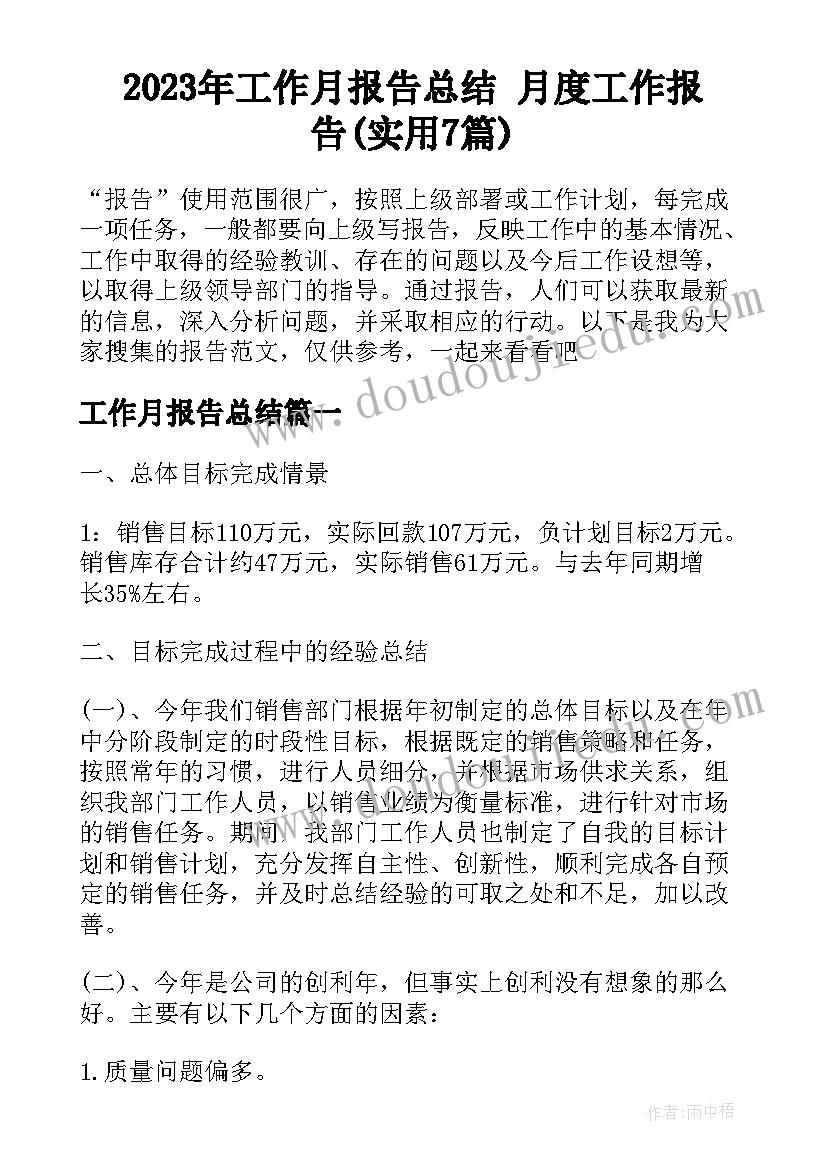 2023年工作月报告总结 月度工作报告(实用7篇)