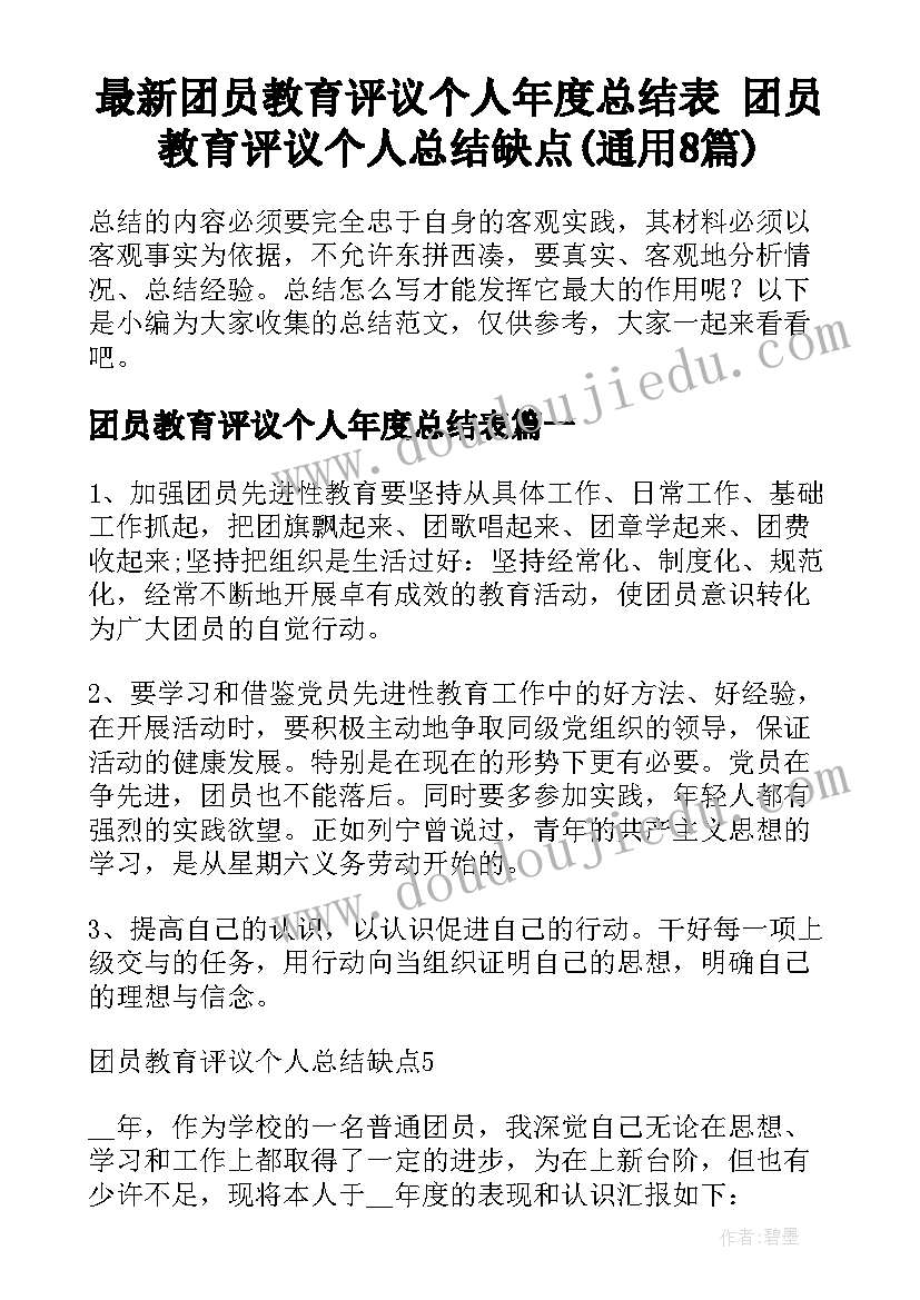 最新团员教育评议个人年度总结表 团员教育评议个人总结缺点(通用8篇)