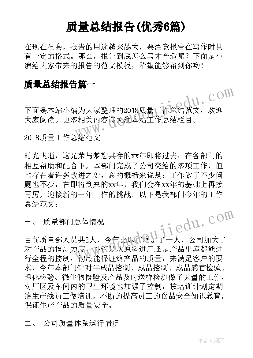 质量总结报告(优秀6篇)