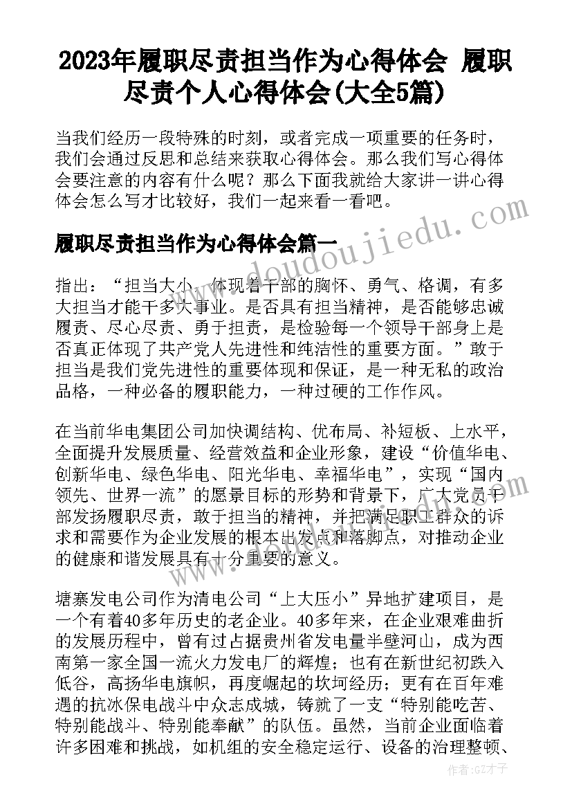 2023年履职尽责担当作为心得体会 履职尽责个人心得体会(大全5篇)