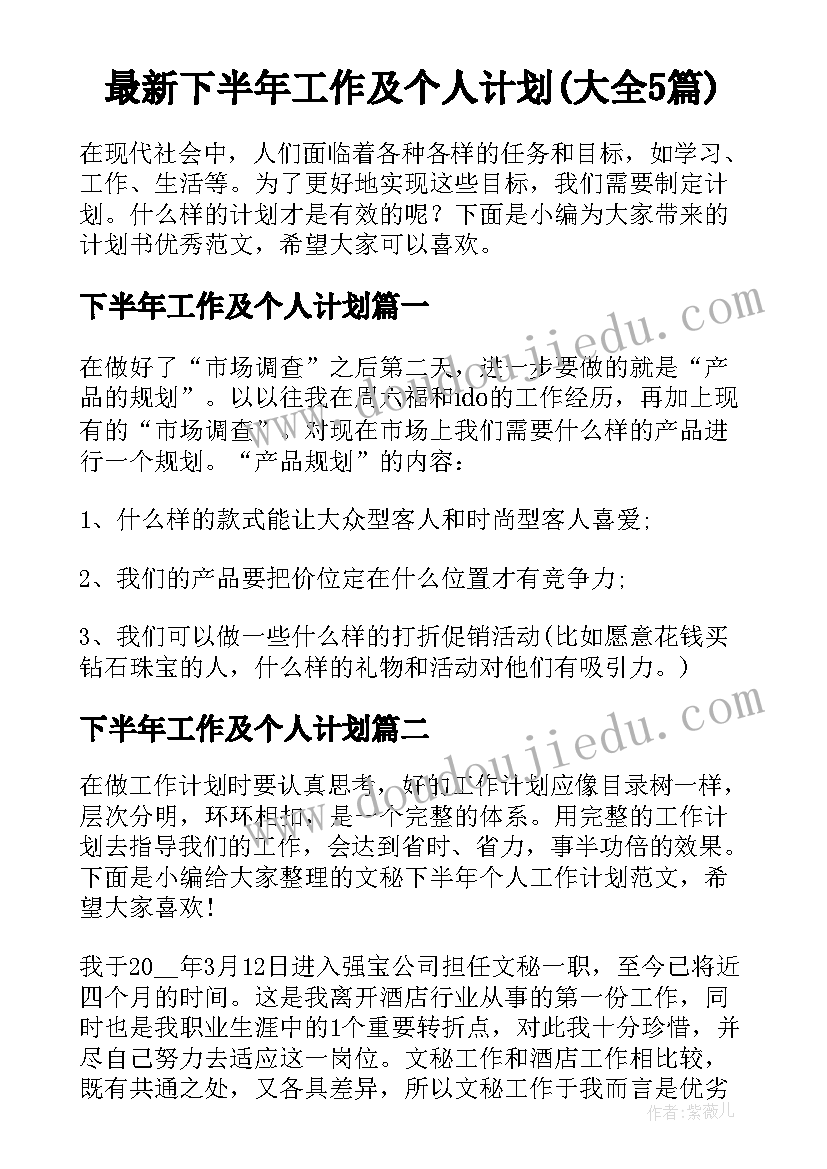 最新下半年工作及个人计划(大全5篇)