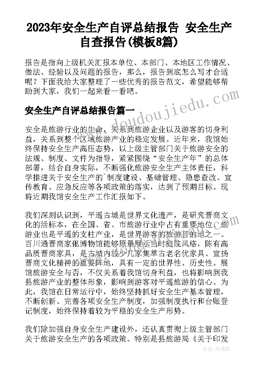 2023年安全生产自评总结报告 安全生产自查报告(模板8篇)