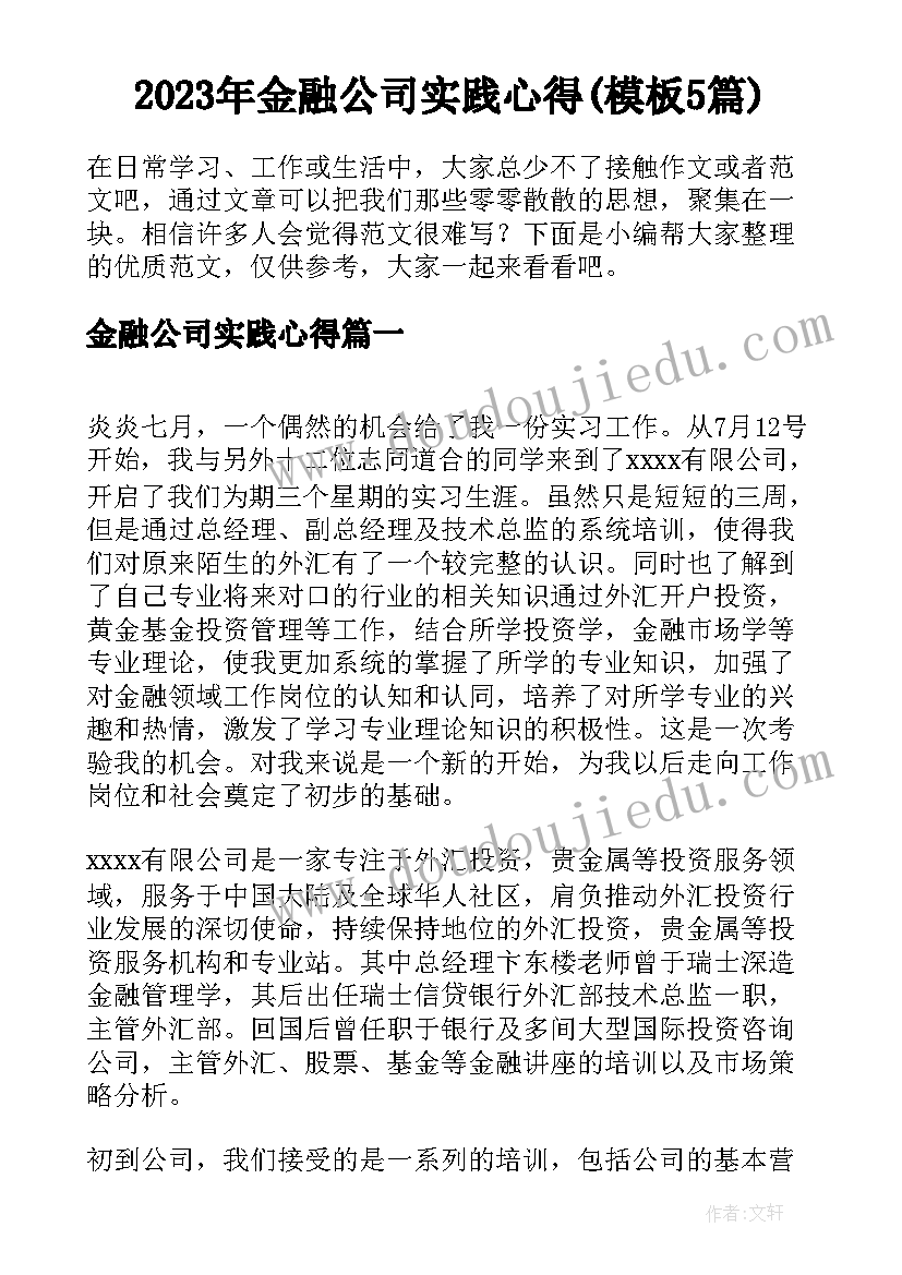 2023年金融公司实践心得(模板5篇)